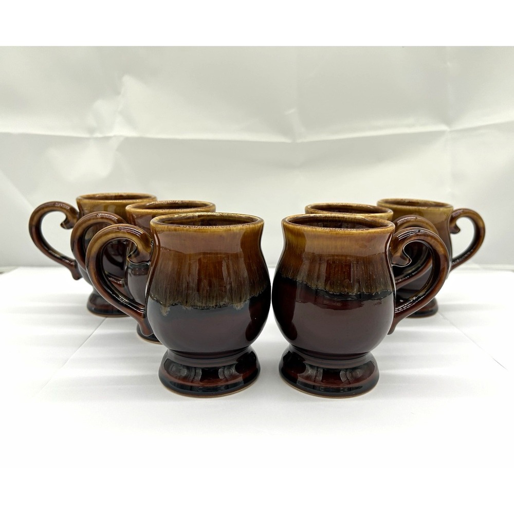 VTG Taiwan Brown Drip Glaze Footed Coffee Mugs Set of 6 Stoneware MCM 70s 80s